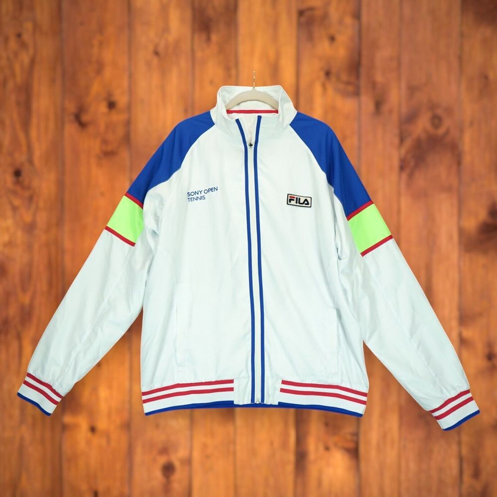 VTG FILA Spellout Mens Sony Open Tennis White Full Zip Jacket Sz L Mesh Lined